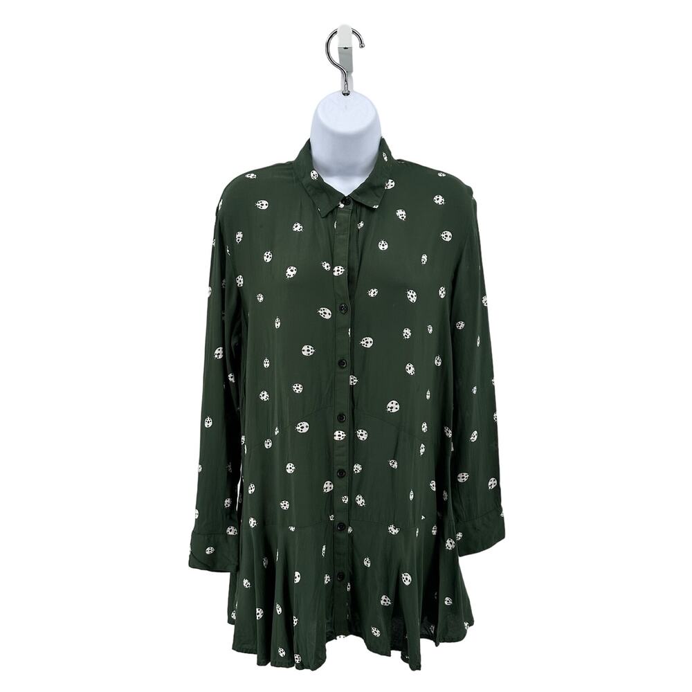 11.1 Tylho Anthropology Green Ladybug Button Blouse Long Sleeve WMN S Collared